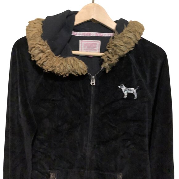 VTG Y2K Pink Victoria’s Secret Hoodie Black Velvet Faux Fur Lined Hoodie UWV Sz - Picture 4 of 12